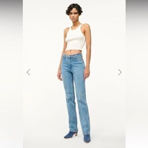 STAUD + WRANGLER THE STRAIGHT CUT JEAN MID BLUE size 27 tag, fit large